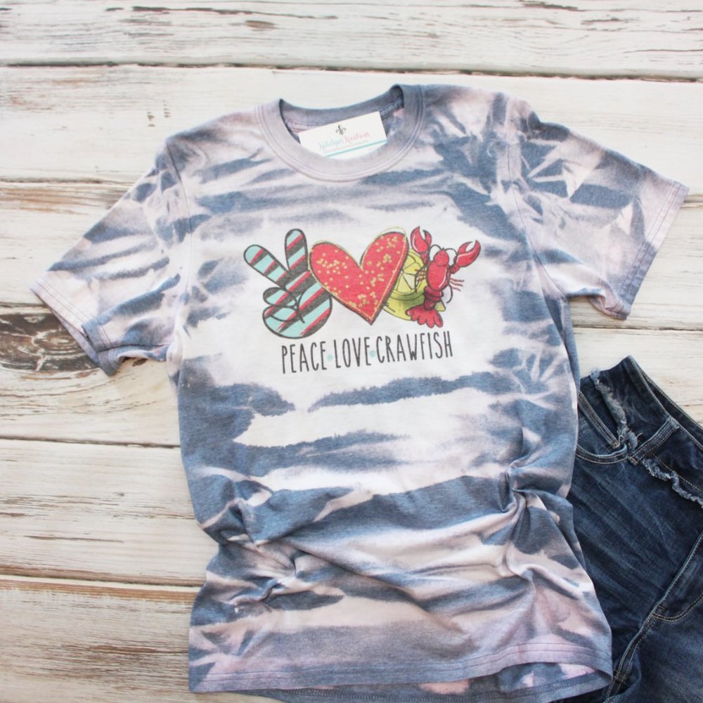 New Hand Bleached Unisex Tee Small - Peace Love Crawfish - RTS